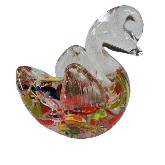 Accents Glass Paperweight Swan Duck Goose Shape Clear And Confetti